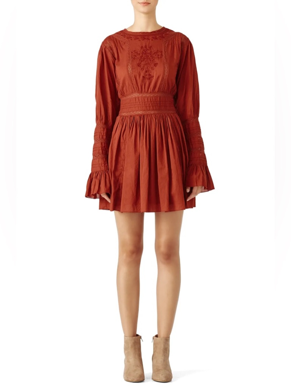 Free People Red Victorian Waist Embroidered Long-Sleeve Mini Dress—12